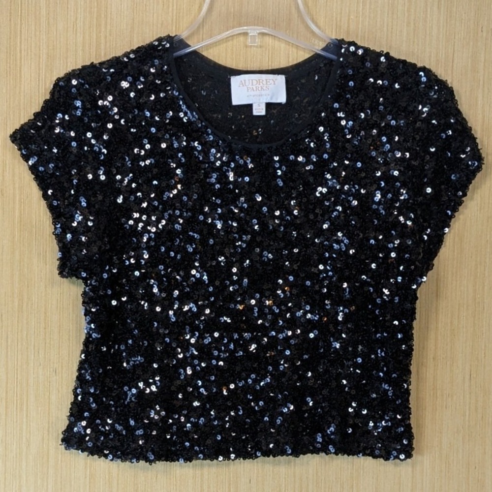Audrey Parks Francescas Black Sequin Crop Top Small Party Festival Glam Chic